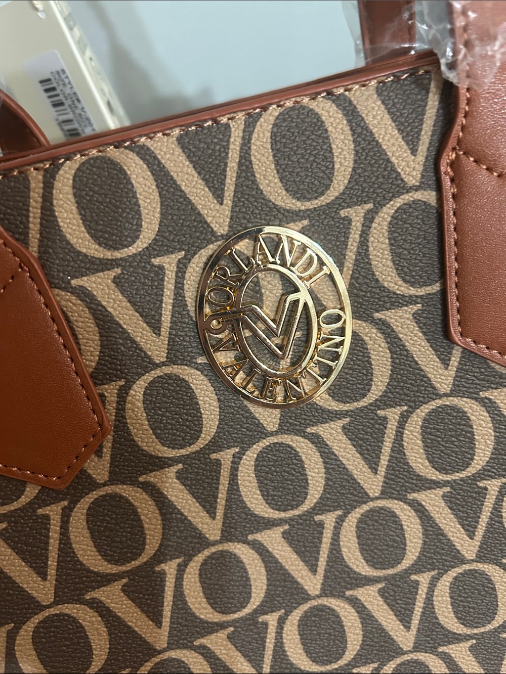 Valentino Brown Logo Monogram Tote with Gold Emblem with guitar strap - Picture 4 of 6